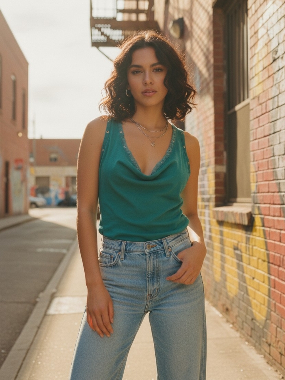 Sleek Teal Cowl Neck Sleeveless Blouse